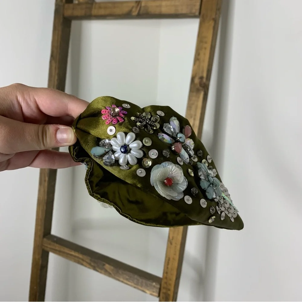 Treasure Jewels Embellished Olive Green Headband